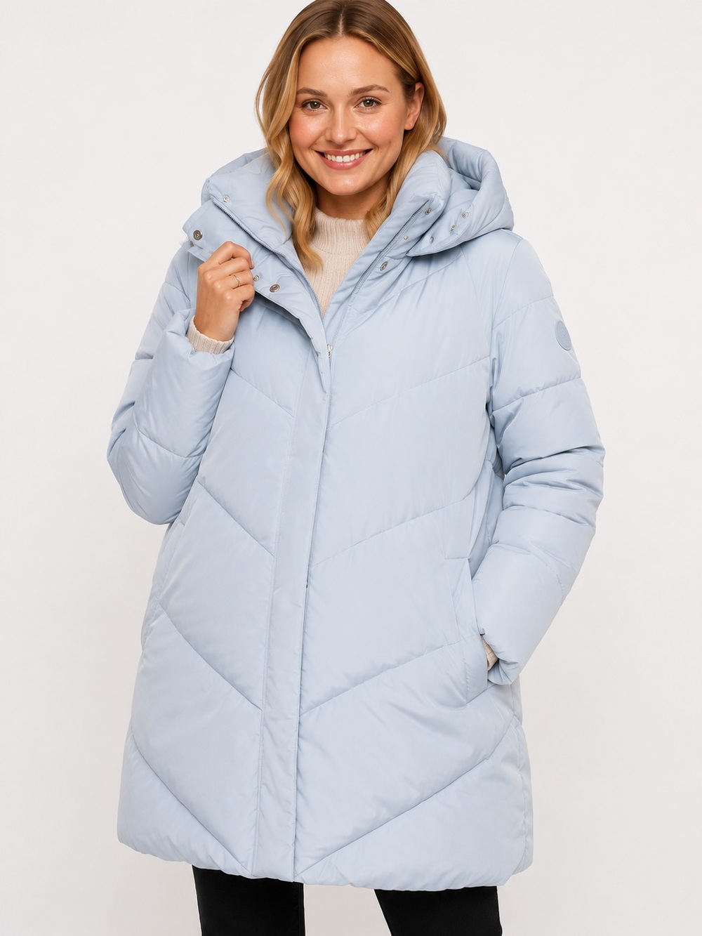 NWT‎ Seraphine Adena Short Chevron Down Maternity Puffer Coat Ice Blue US 12